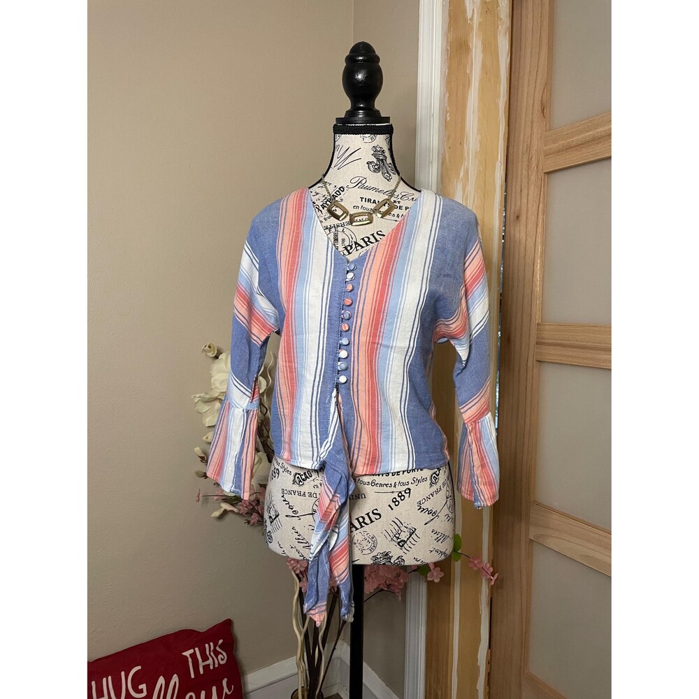 Girl Krazy Cropped Blouse Bell Flared Sleeves Stripped Front Button/Tie Size M